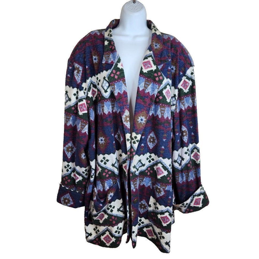Vintage 90s Bonkers Cardigan Sweater Coat Aztec Southwest Duster Purple 2XL